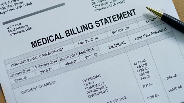 Close-up of a medical billing statement with patient information, charges, dates and a pen resting on the page.
