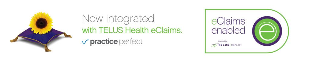 Graphic announcing Practice Perfect’s integration with TELUS Health eClaims, featuring the eClaims enabled logo.