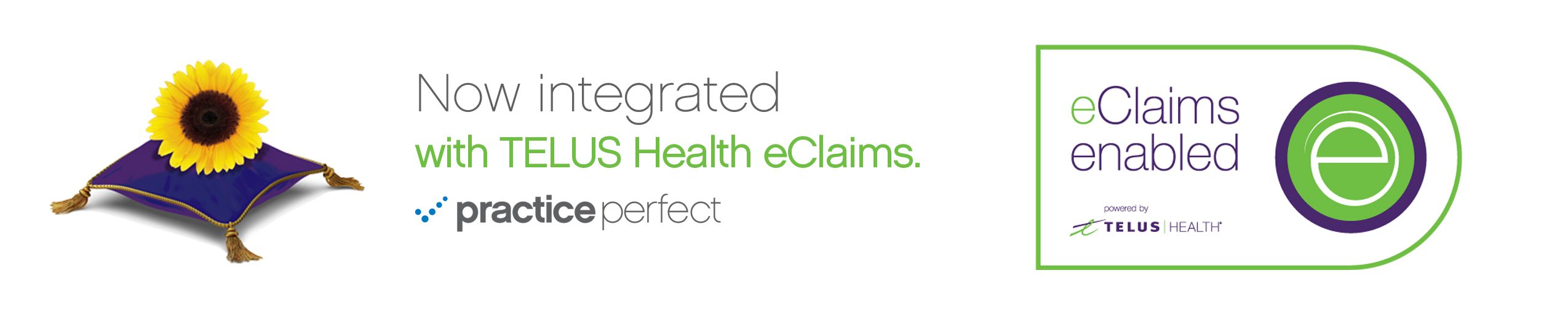Graphic announcing Practice Perfect’s integration with TELUS Health eClaims, featuring the eClaims enabled logo.