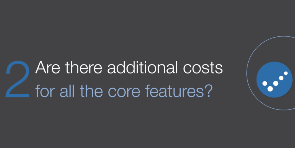 Dark-themed presentation image with the question "Are there additional costs for all the core features?" and a blue Practice Perfect icon.