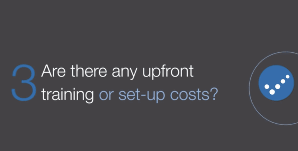 Dark-themed presentation image with the question "Are there any upfront training or set-up costs?" and a blue Practice Perfect logo.