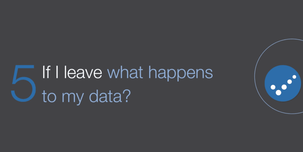 Dark background slide showing the number 5 and the text "If I leave what happens to my data?" with a blue Practice Perfect-style logo.