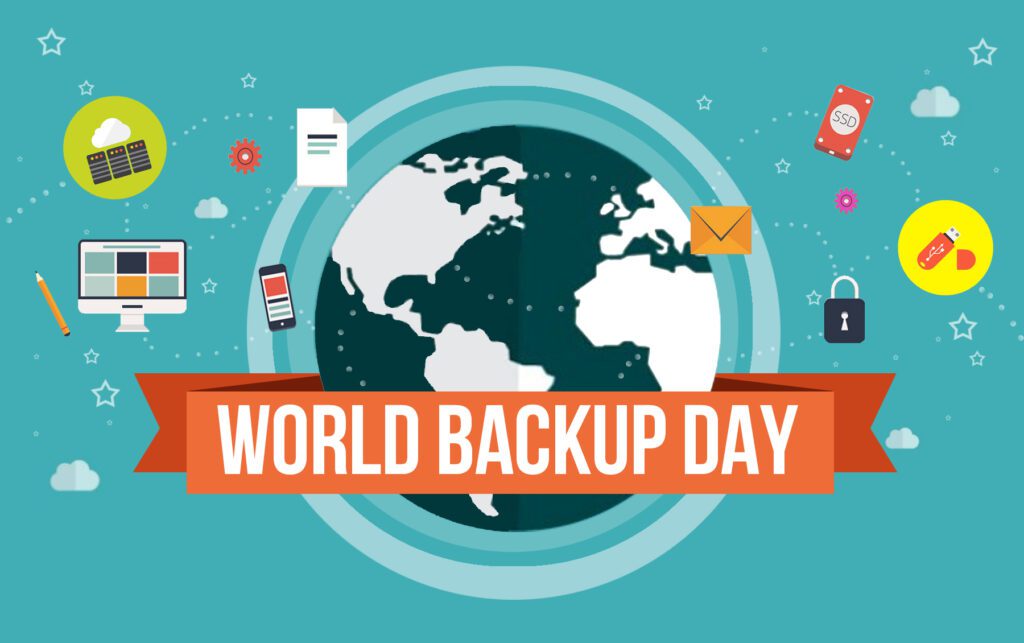 Illustration of the earth with digital icons and an orange banner reading "World Backup Day".