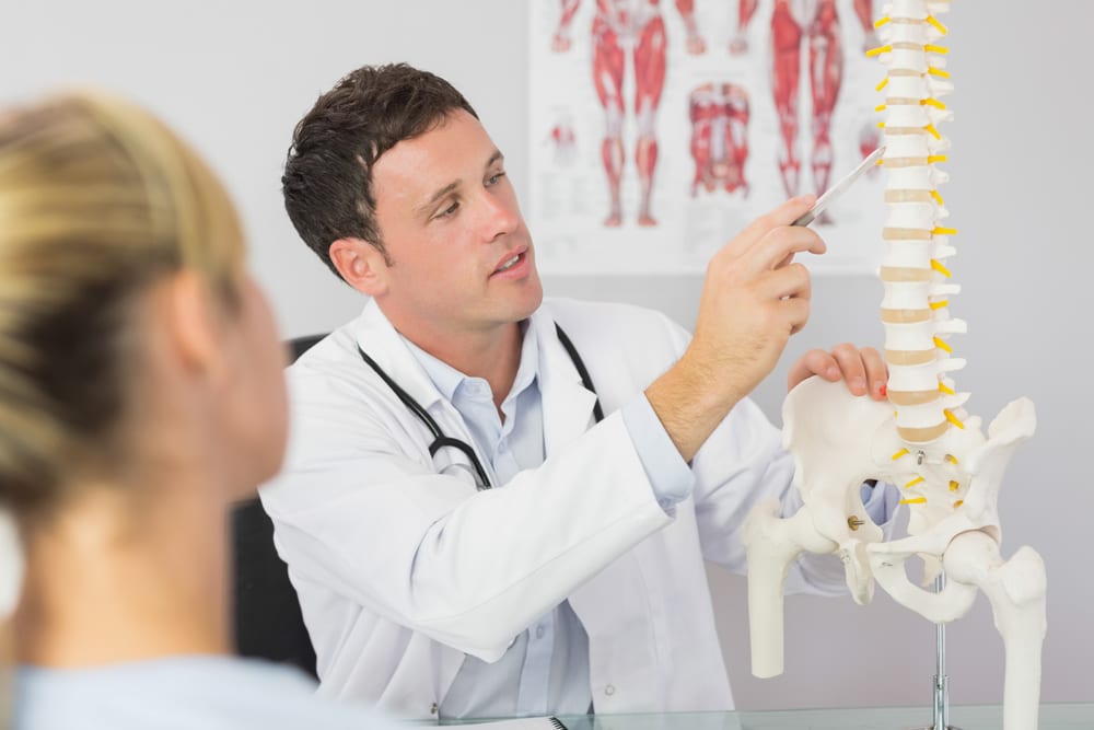 Chiropractor explaining spinal anatomy to a patient using a spine model.