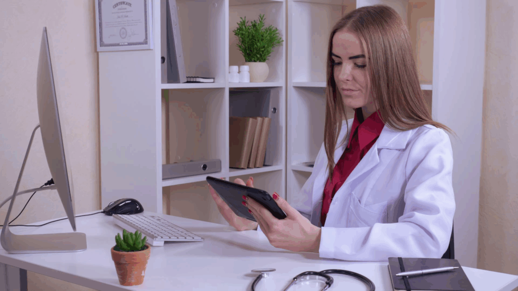 Medical professional using tablet in modern office, illustrating the difference between server-based and cloud-based EMR systems.
