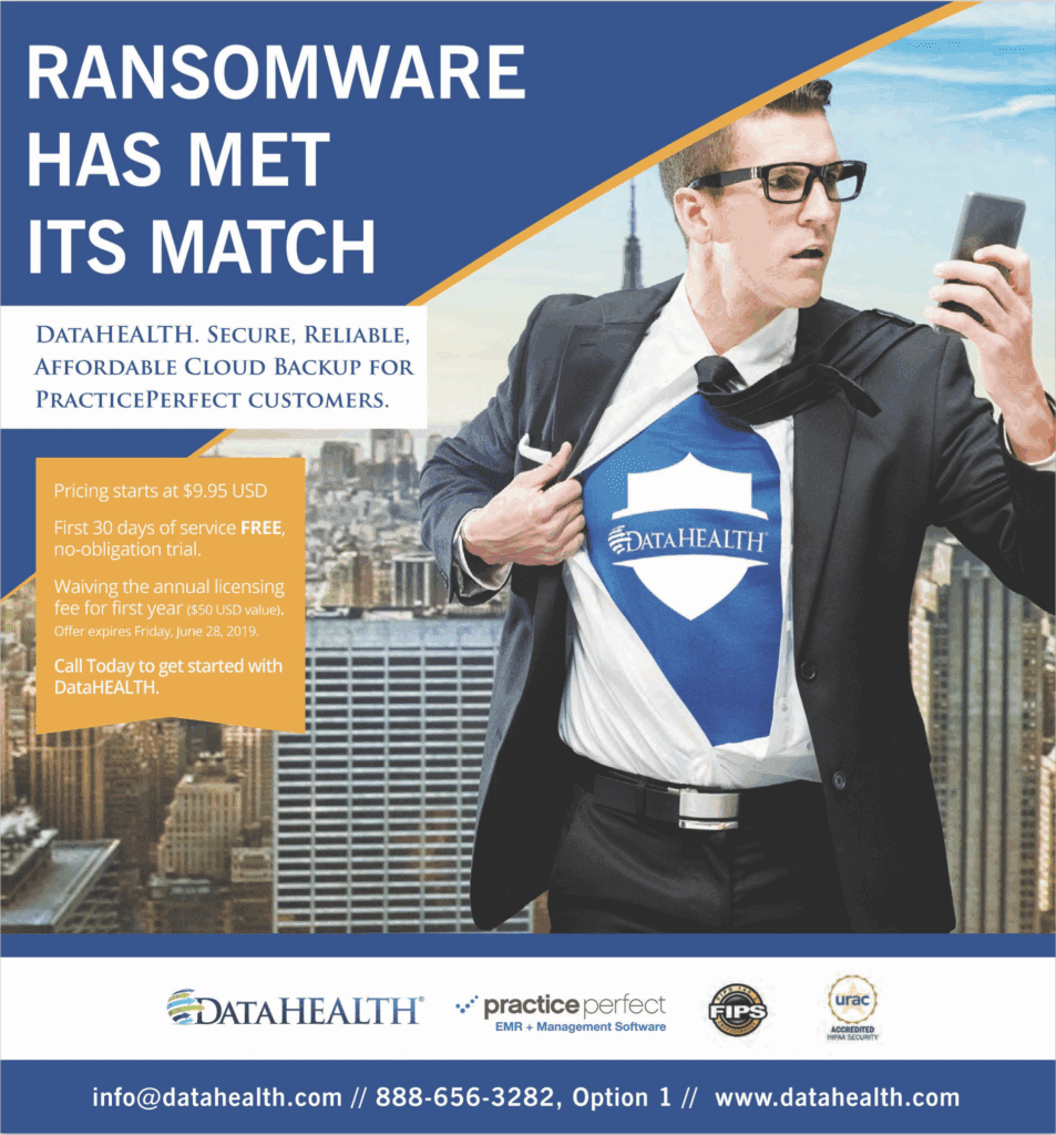 Ransomware protection ad showing businessman revealing DataHEALTH logo on shirt, highlighting secure cloud solutions.