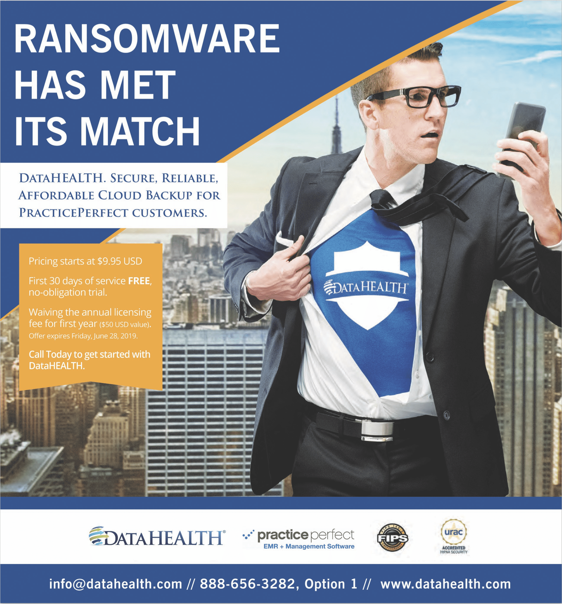 Ransomware protection ad showing businessman revealing DataHEALTH logo on shirt, highlighting secure cloud solutions.