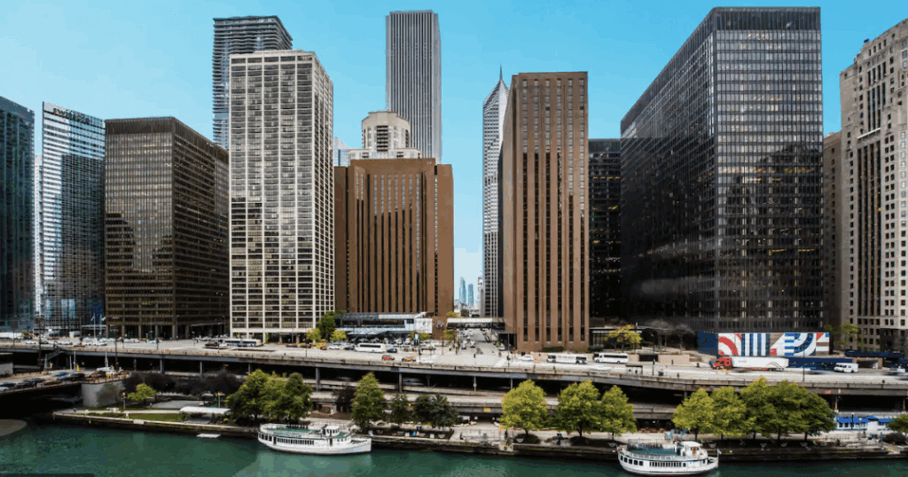 Downtown Chicago skyline view with office towers near the Chicago River for ASHA Connect 2019.