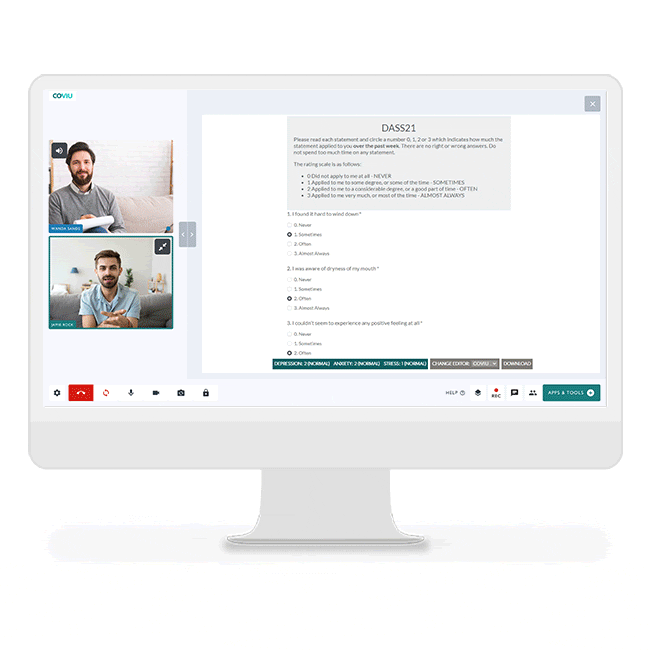 Telehealth platform interface showing virtual consultations between clinician and patient with online assessment forms.
