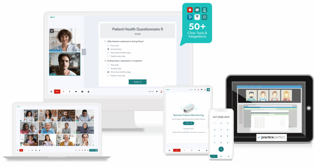 Telehealth platform integration showing video calls, patient monitoring and health questionnaires across multiple devices.