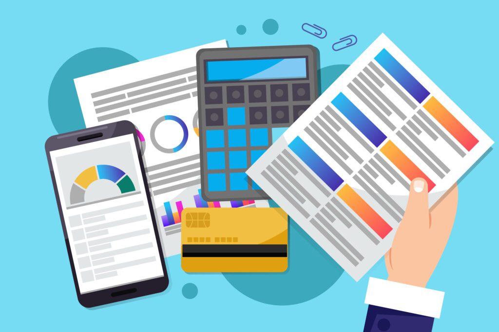 Illustration of medical billing concept with calculator, smartphone analytics, credit card and financial reports.