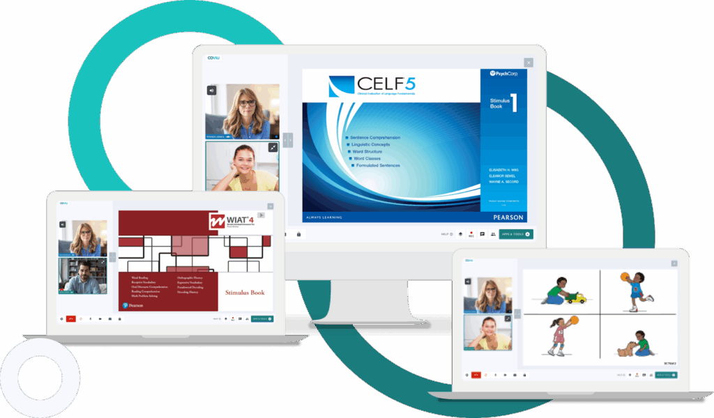 Telehealth software interface showing Coviu assessment tools for online speech and language evaluations.