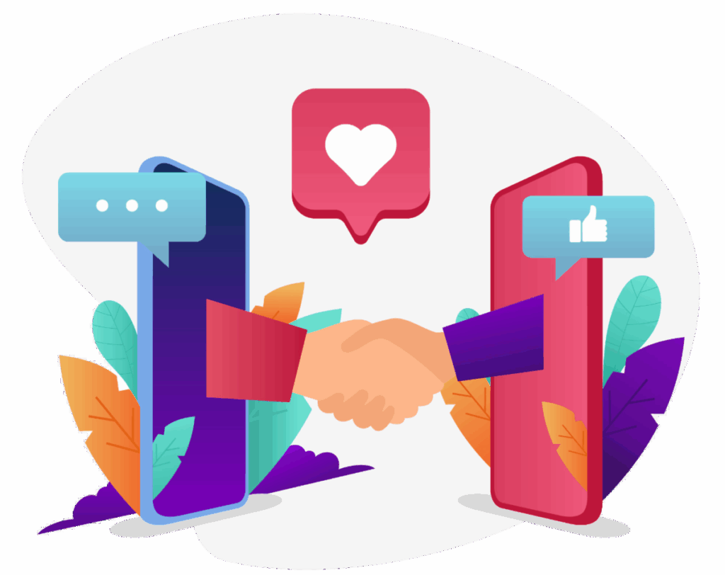 Illustration of two people shaking hands through smartphones with chat and like icons representing online connection.