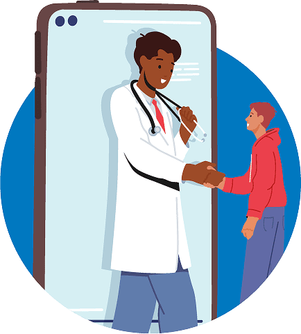 A doctor in front of the mobile device handshaking with the patient.