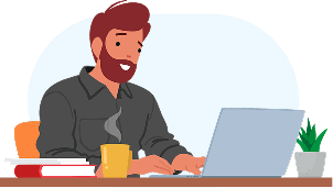 A man sitting in front of laptop with a cup of coffee.