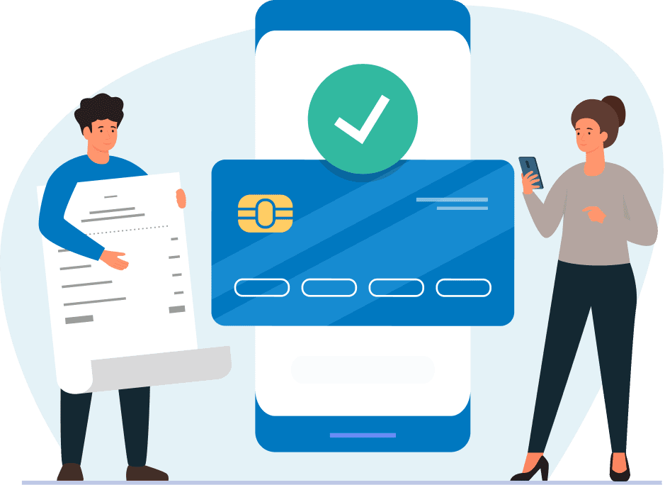 Two people in front of a phone with a credit card.