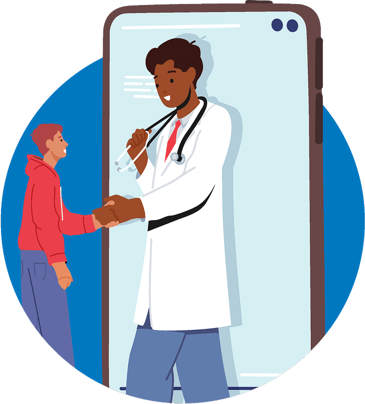 A doctor in front of the mobile device handshaking with the patient.