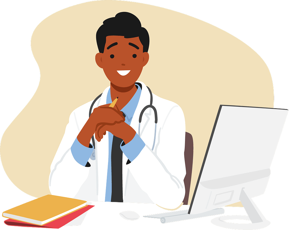 A doctor sitting in front of the desktop and notebooks, staring in front.