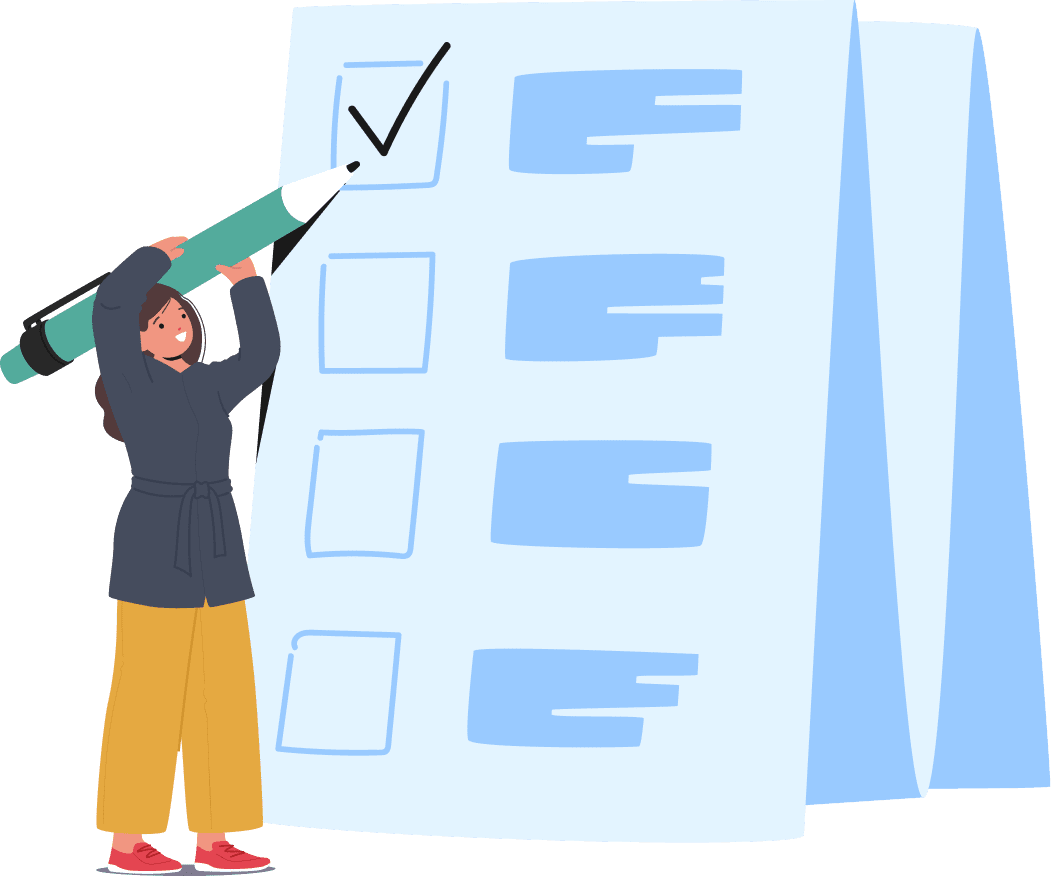 A woman holding a pen, ticking a checkbox.
