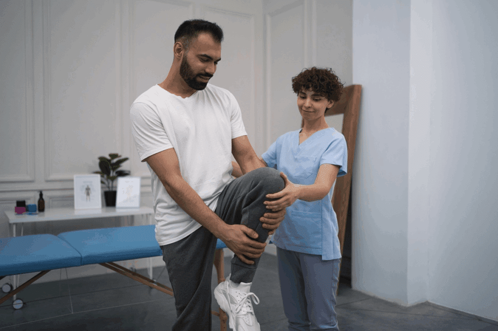 Physiotherapist assisting male patient with knee exercise during rehabilitation session.